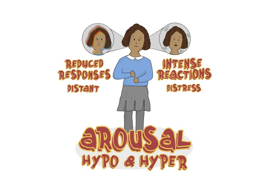 Cartoon depicting the arousal aspect of Triple-A, girl in middle of the image with one side of her depicting hypo-arousal, distant responses and the other half of her depicting hyper-arousal, intense reactions